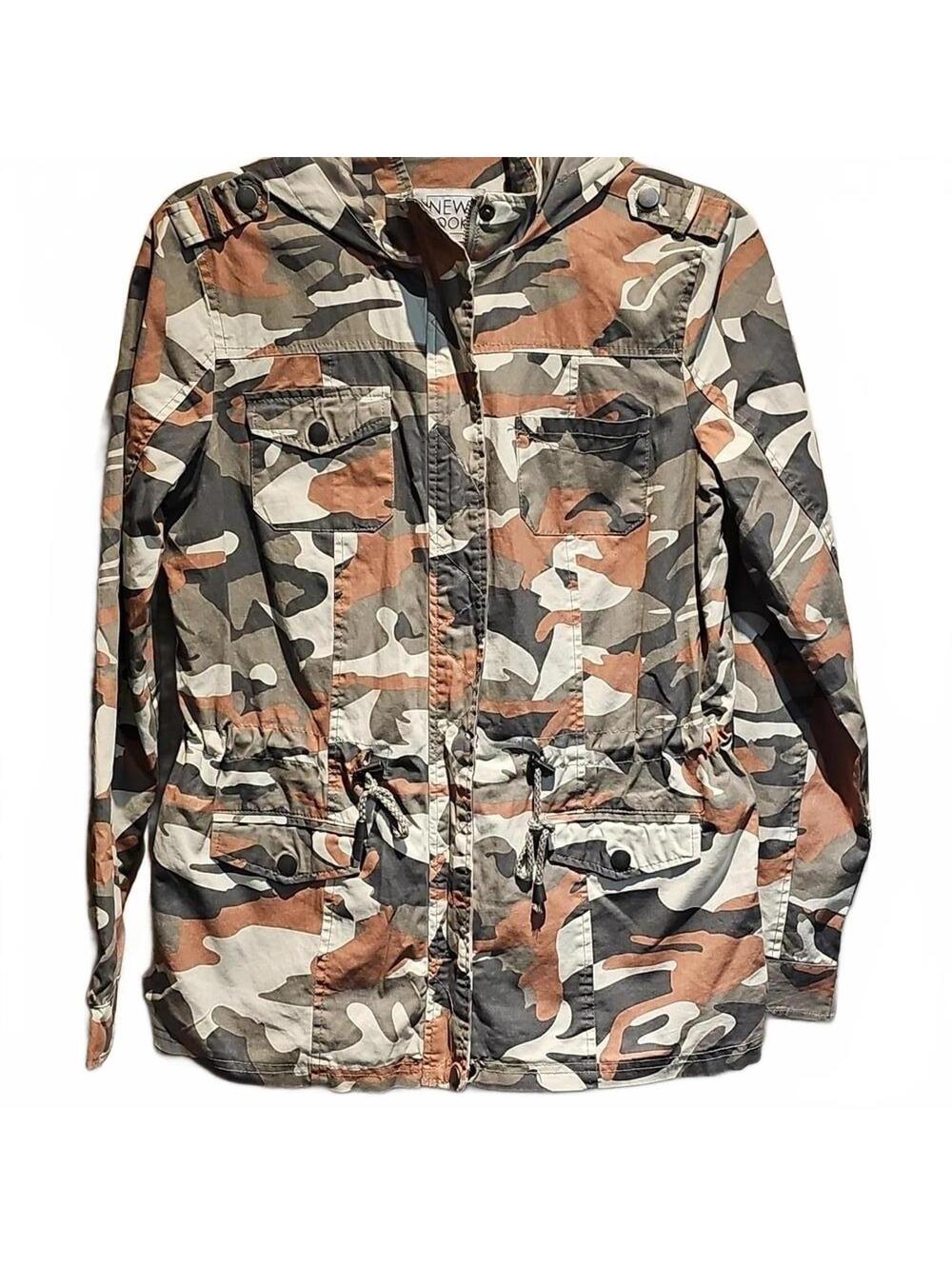 New Look camo fully lined hooded cinch waist jacket size S